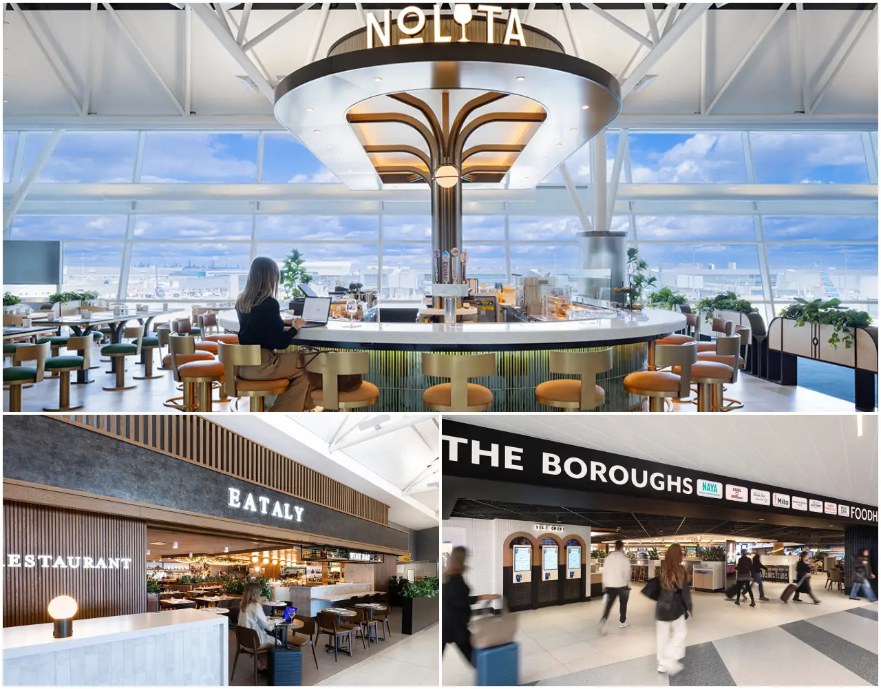 A composite image showing three views of the redesigned JFK Terminal 8: the Nolita bar with panoramic runway views and circular counter seating, the Eataly restaurant entrance with warm timber-panel interiors, and the busy Boroughs Food Hall concourse lined with multiple dining vendors and self-order kiosks