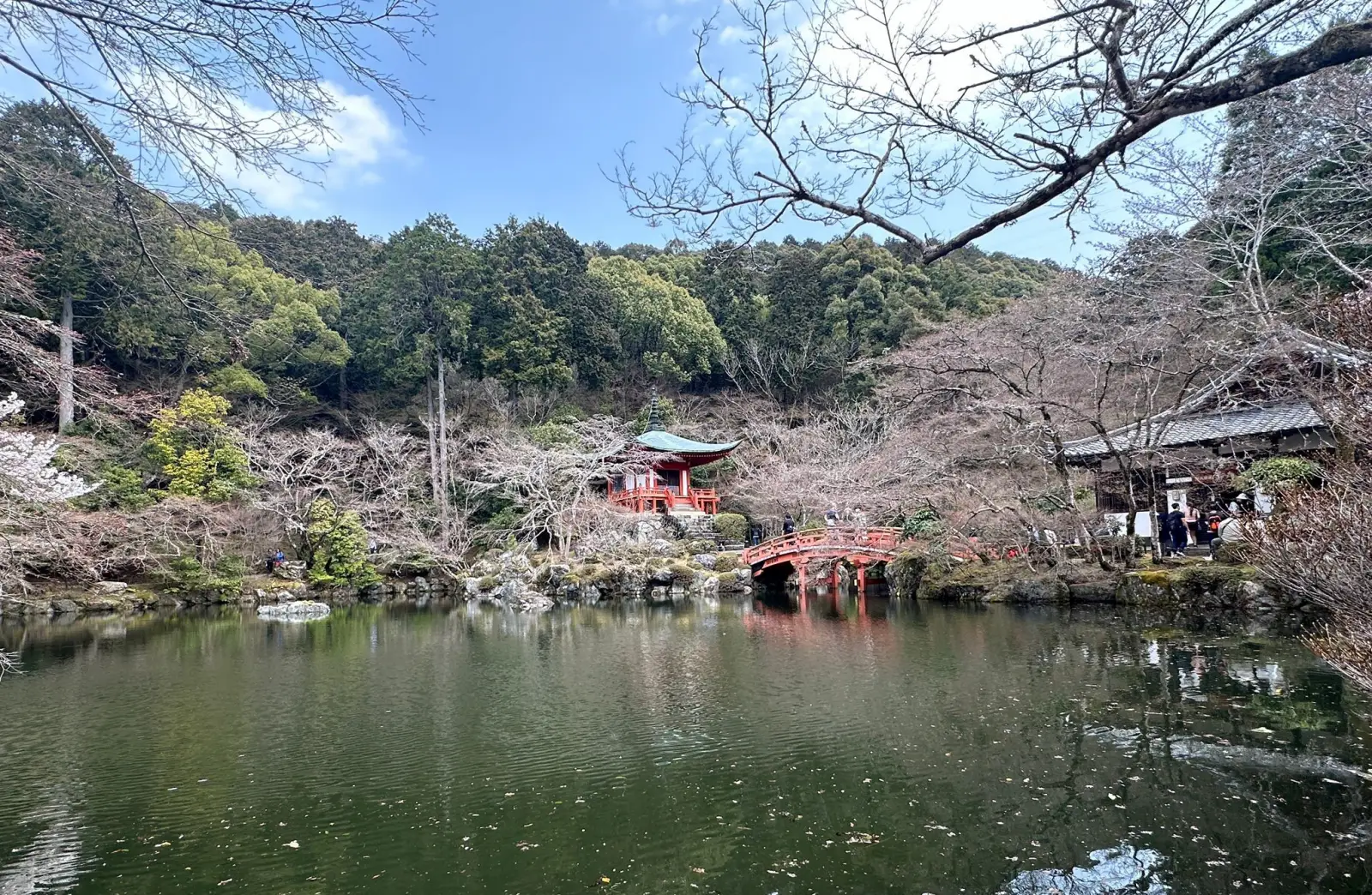 Japanese temple by a lake with red bridge and cherry blossoms in a peaceful garden setting