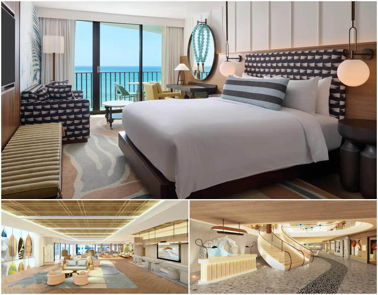 Newly redesigned oceanfront guestroom and lobby spaces at Outrigger Waikīkī Beach Resort showcasing modern Hawaiian-inspired interiors and beachfront views