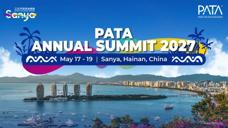Alt text: Promotional banner for PATA Annual Summit 2027 in Sanya, Hainan, China, showing coastal skyline, luxury resorts, and event dates May 17–19