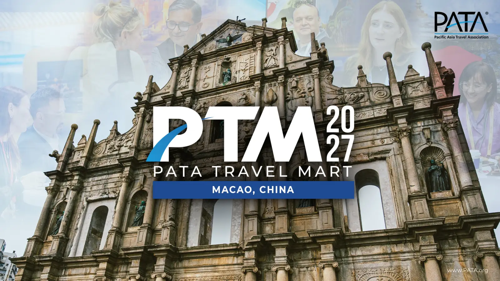 ATA Travel Mart 2027 promotional banner featuring the Ruins of St Paul in Macao, China