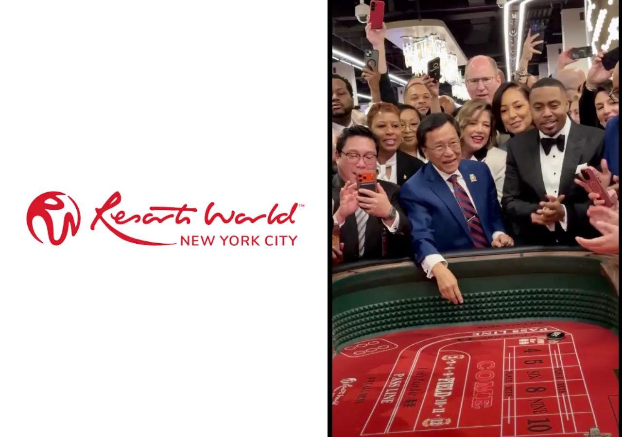 Genting Group CEO Lim Kok Thay surrounded by guests and officials at a craps table during the grand opening of live table games at Resorts World New York City in Queens on April 28, 2026.
