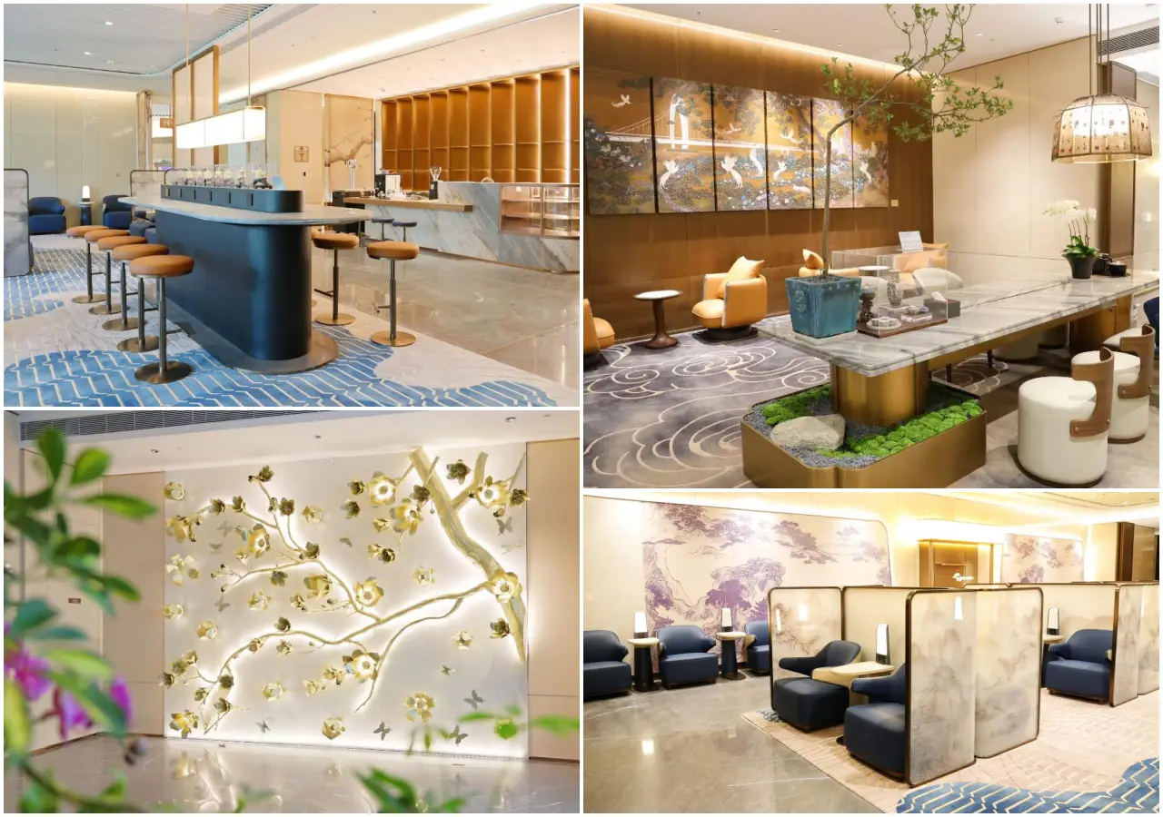 Interior collage of the new Star Alliance Lounge at Guangzhou Baiyun International Airport Terminal 3 showing bar seating, lounge areas, private pods and elegant Chinese-inspired design details.