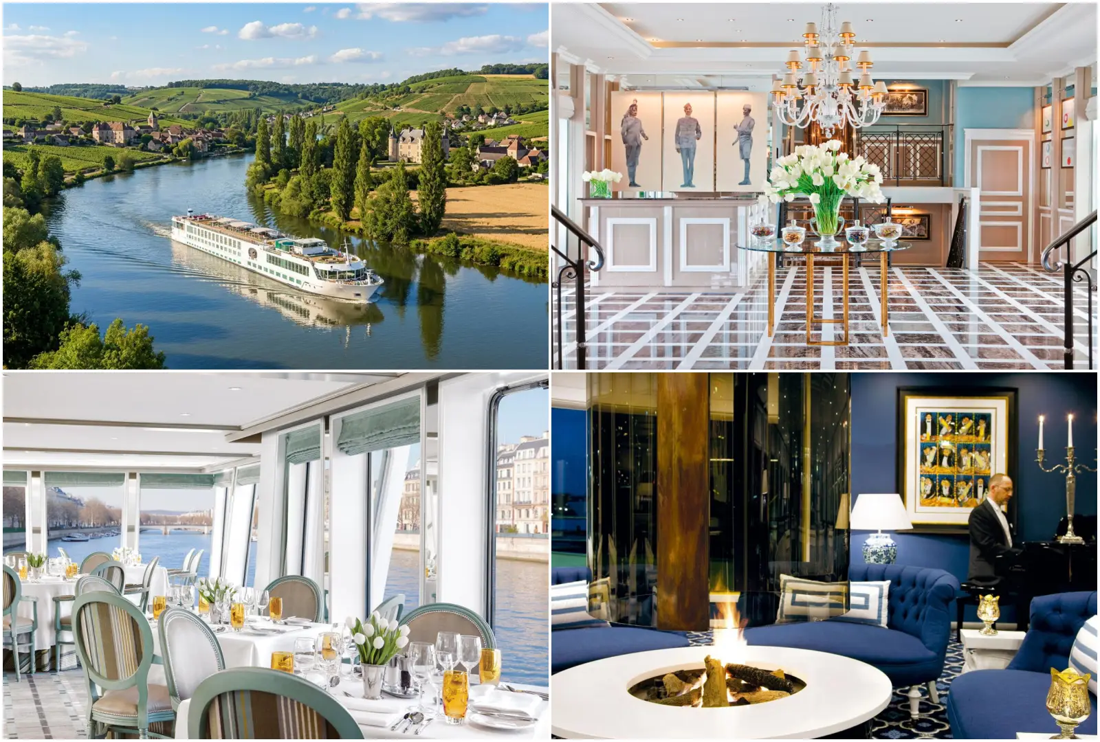 Trafalgar river cruise ship sailing through scenic European countryside with elegant onboard interiors and dining lounge views