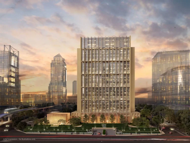 Artist impression of Waldorf Astoria Kuala Lumpur, a luxury high-rise hotel tower in Malaysia’s city skyline at sunset.