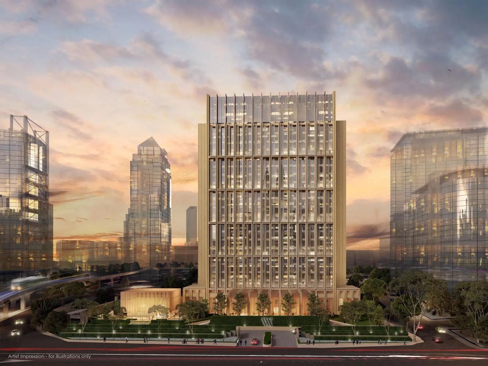 Artist impression of Waldorf Astoria Kuala Lumpur, a luxury high-rise hotel tower in Malaysia’s city skyline at sunset.