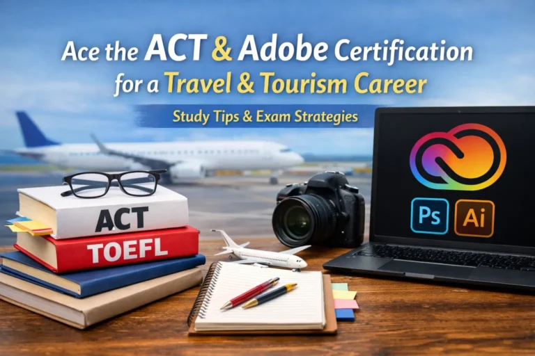 Study desk with ACT and TOEFL books, laptop showing Adobe tools, camera and airplane model, representing exam prep for travel and tourism careers