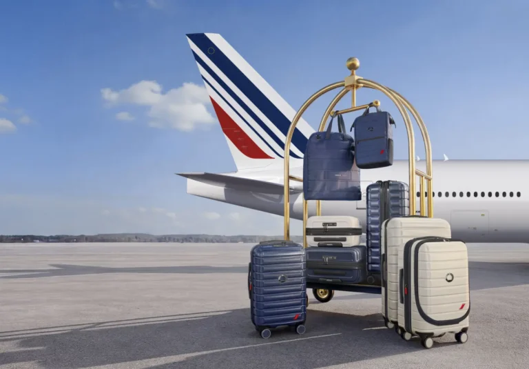 Air France aircraft tail behind a luggage cart displaying DELSEY Paris Elegance suitcases and travel bags on an airport runway