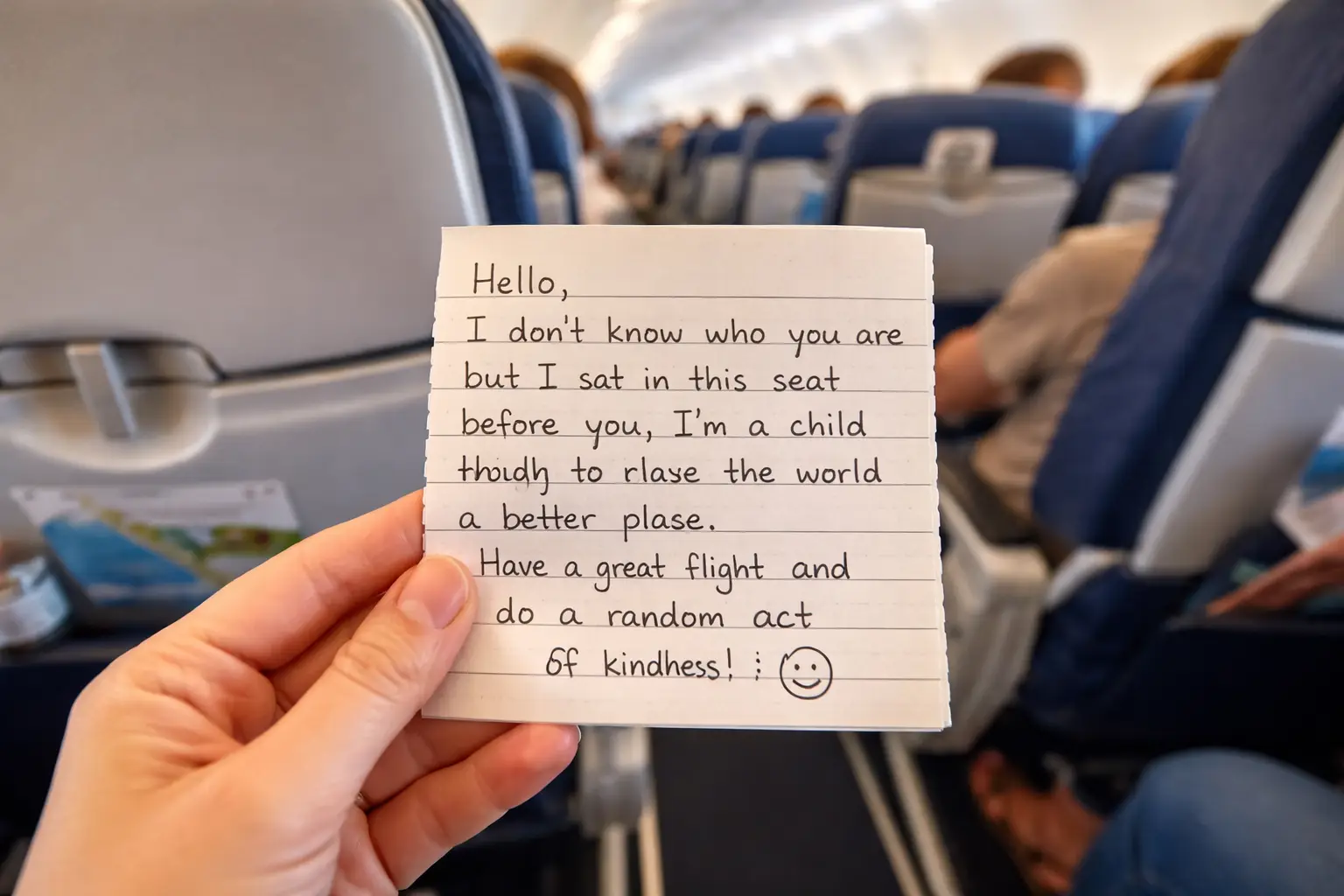 Passenger holding a handwritten kindness note inside an airplane cabin with seats in the background