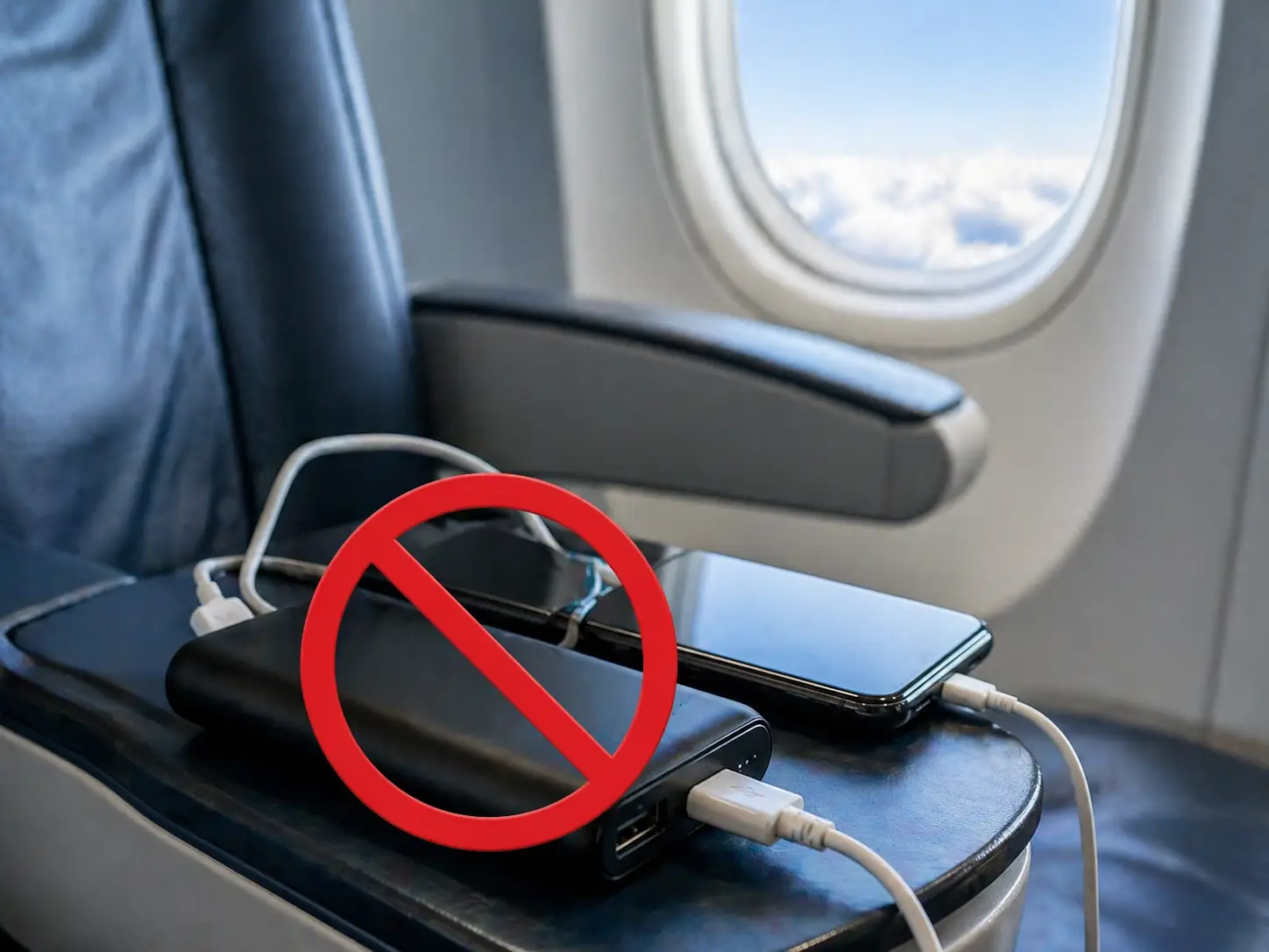 Power bank and smartphone on an airplane tray table with a prohibition symbol, illustrating new in-flight charging restrictions.