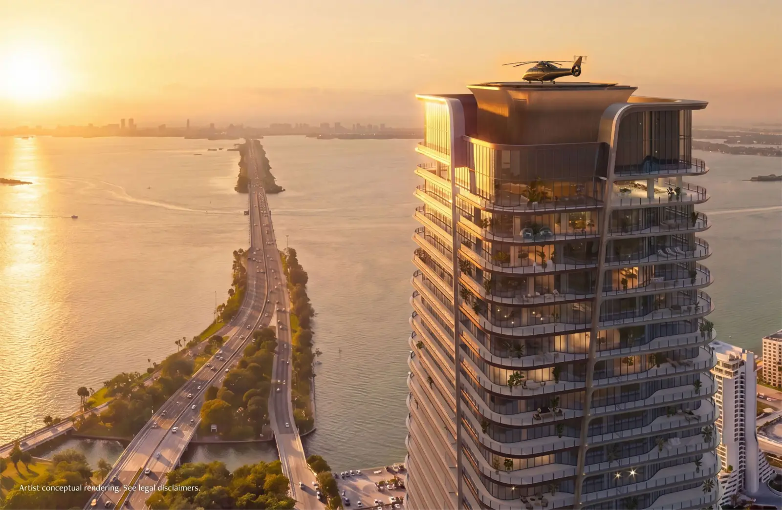 Anantara Miami Resort & Residences tower rendering with rooftop helipad overlooking Biscayne Bay at sunset in Miami