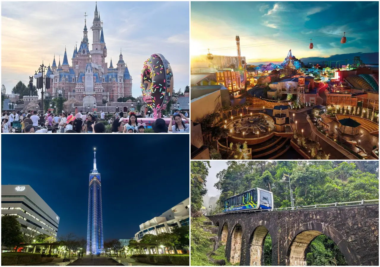 Collage of top family attractions in Asia featuring Shanghai Disneyland, Genting SkyWorlds, Fukuoka Tower and Penang Hill Funicular.