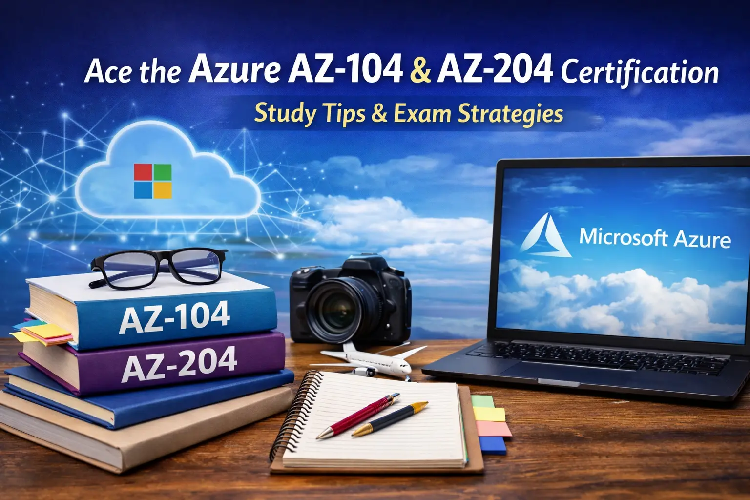 Study setup with AZ-104 and AZ-204 books, laptop showing Microsoft Azure, and cloud graphics representing certification preparation for cloud computing careers