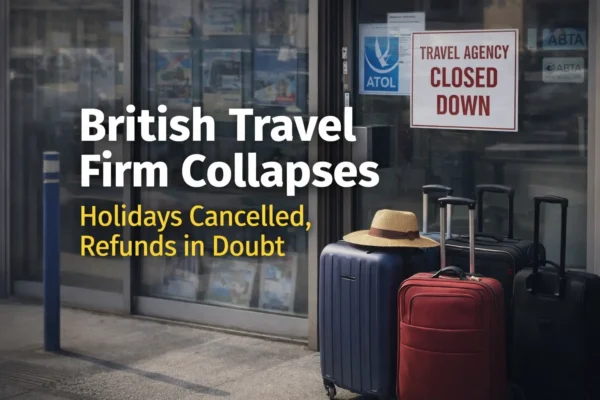 Suitcases outside a closed travel agency storefront after a British travel firm collapse