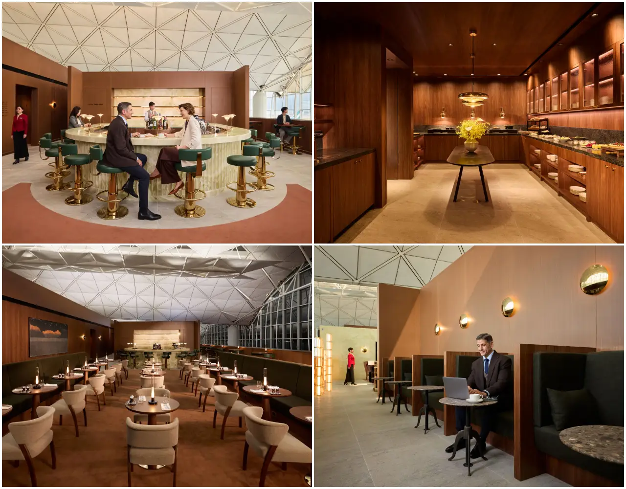 Cathay Pacific Unveils Its Newly Redesigned Flagship Lounge The Wing, First In Hong Kong 3 Collage of Cathay Pacific Wing First lounge showing bar, dining area, buffet and private work booths