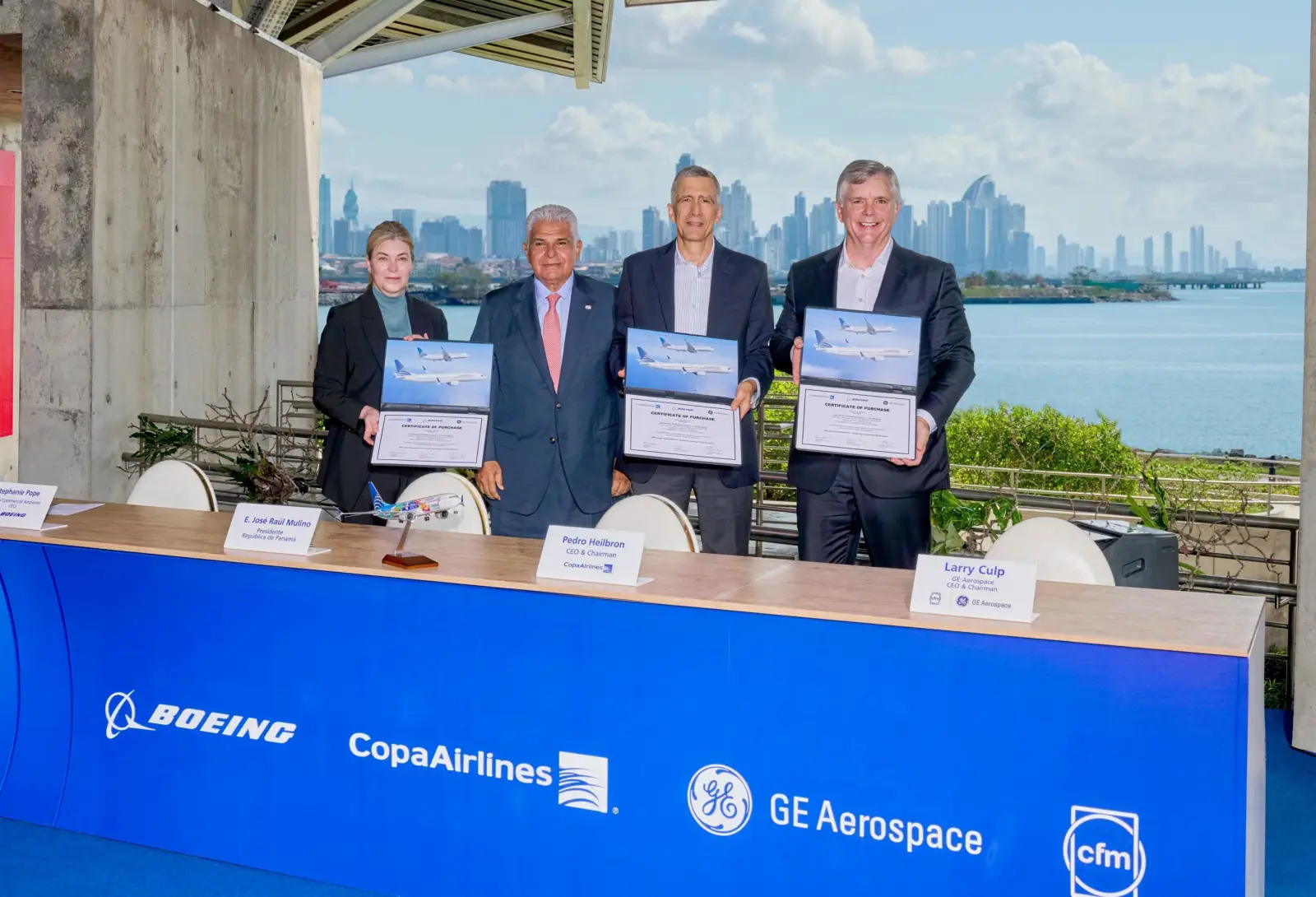 Copa Airlines and Boeing executives at signing ceremony in Panama announcing a major order for Boeing 737 MAX aircraft.