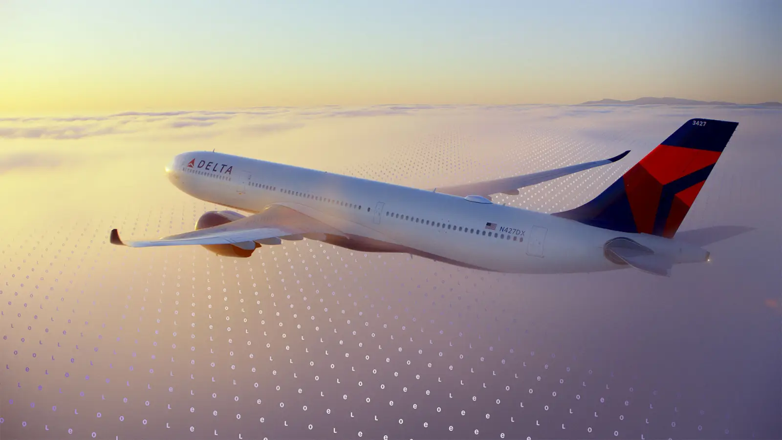 Delta Air Lines aircraft flying above clouds with Amazon Leo satellite connectivity concept overlay