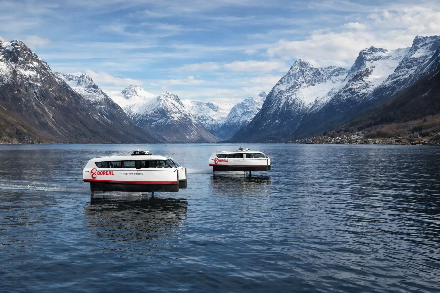 Electric hydrofoil ferries gliding over a Norwegian fjord with snow-covered mountains