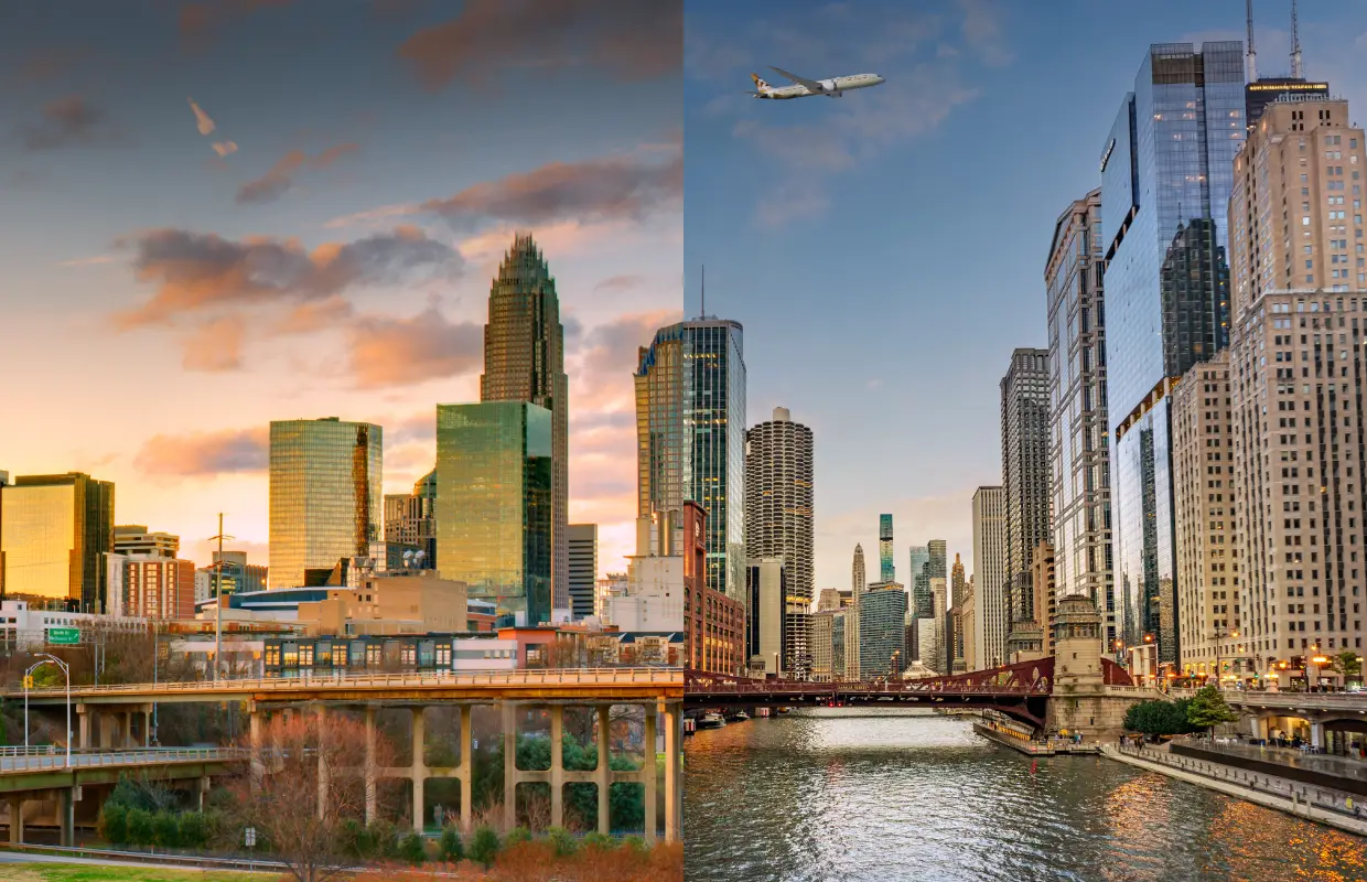 A composite image showing the Charlotte skyline at sunset on the left and the Chicago River skyline with an Etihad Airways aircraft flying overhead on the right