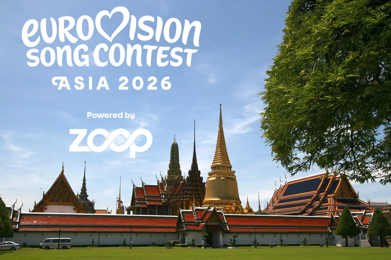 Eurovision Song Contest Asia 2026 promotional image featuring the Grand Palace in Bangkok, Thailand, powered by Zoop