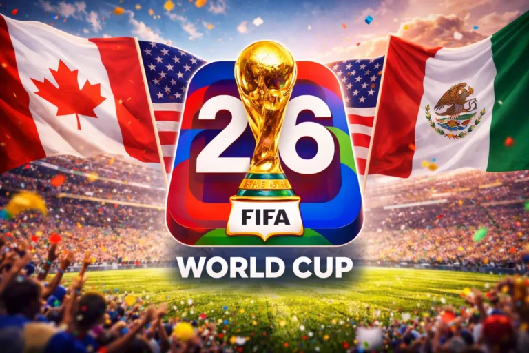 World Cup 2026 concept image with trophy in stadium and flags of USA, Canada, and Mexico representing host nations