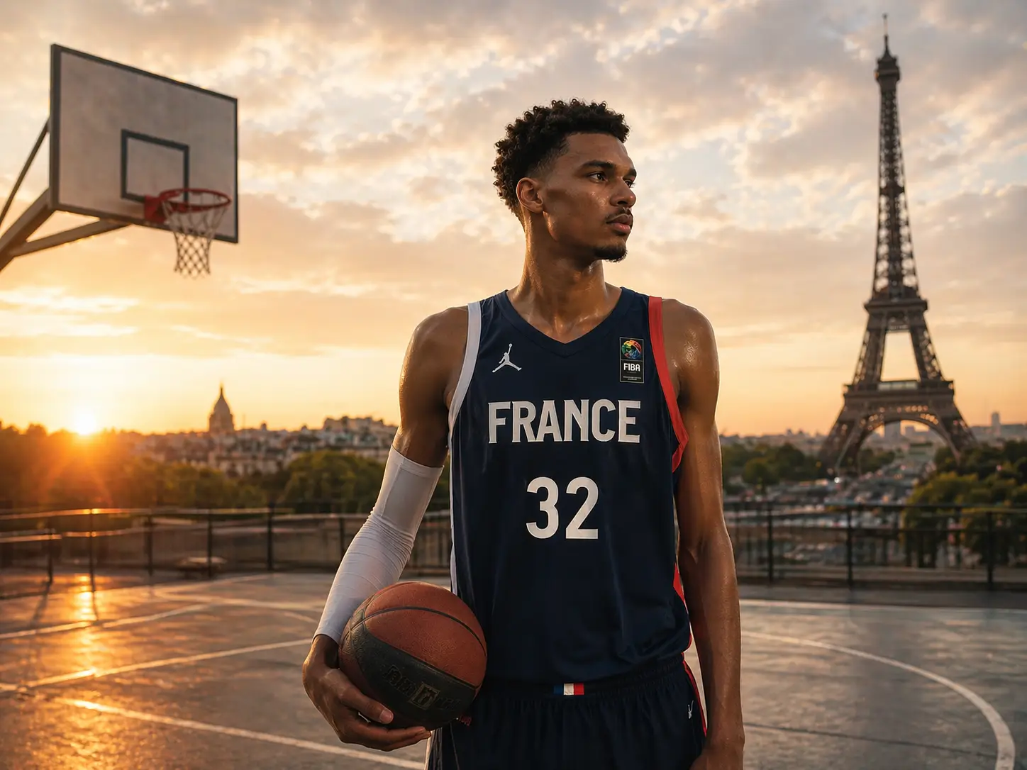 Basketball player in France national team jersey holding a ball on an outdoor court in Paris with the Eiffel Tower at golden hour