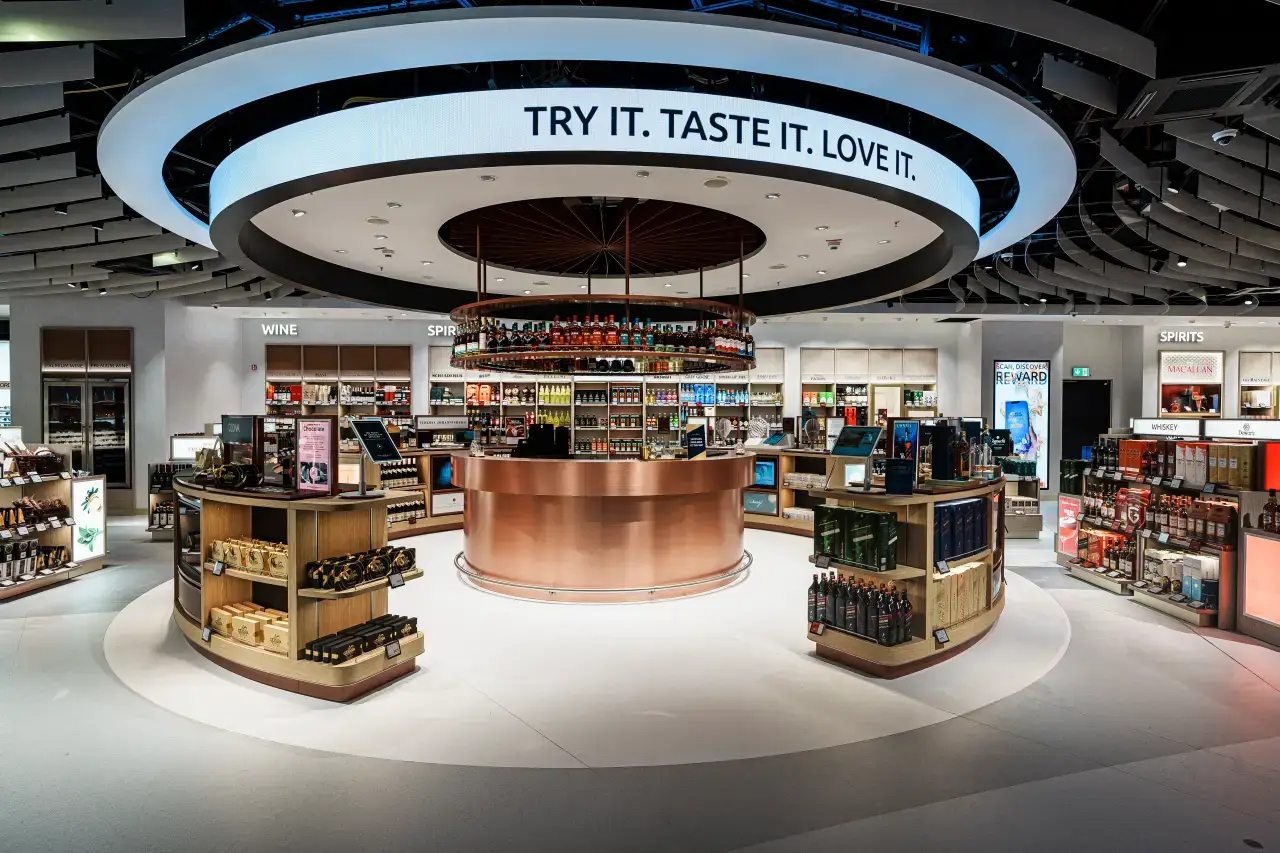 Frankfurt Airport Terminal 3 duty free store with central tasting bar and circular LED feature showcasing wines, spirits and retail displays