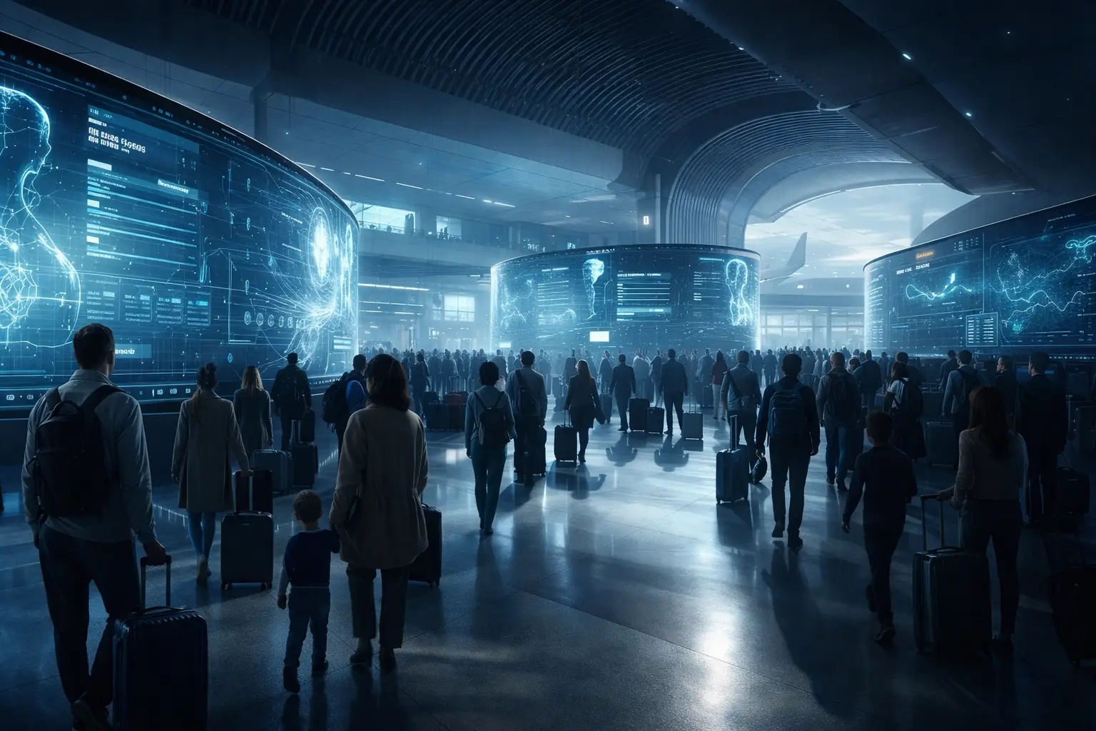Futuristic airport terminal with travelers and AI-powered digital screens displaying personalized travel data in a sleek, high-tech environment