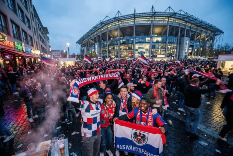 Football fans gather outside a German stadium waving scarves and flags before a Bundesliga match