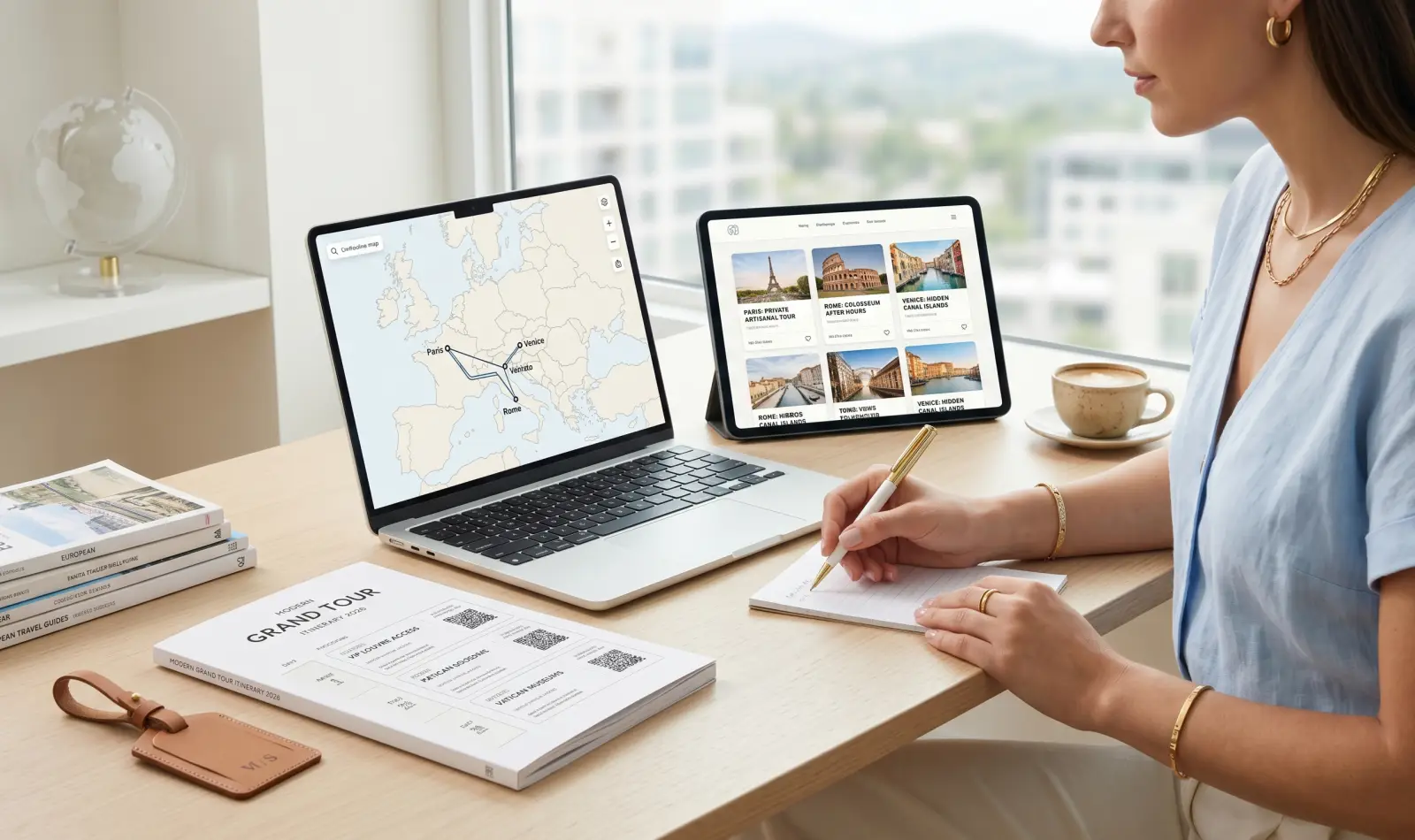 Traveler planning a multi-city European itinerary on laptop and tablet with Paris, Rome and Venice routes displayed