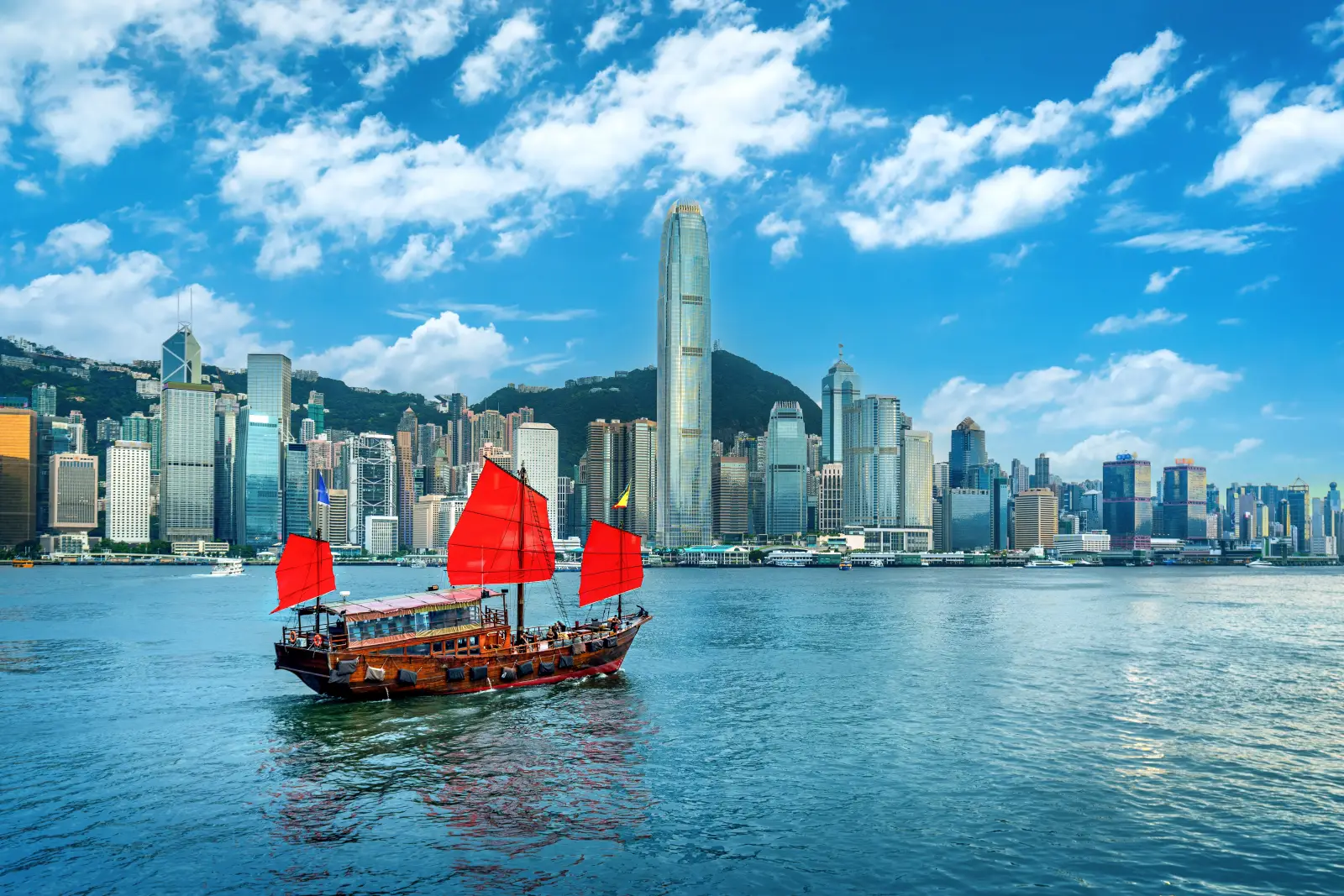 Traditional red sail junk boat sails across Victoria Harbour with Hong Kong skyline in the background