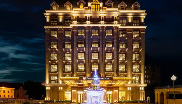 Night exterior view of Imperial Dalat Hotel in Da Lat, Vietnam, with illuminated facade and fountain at the entrance.