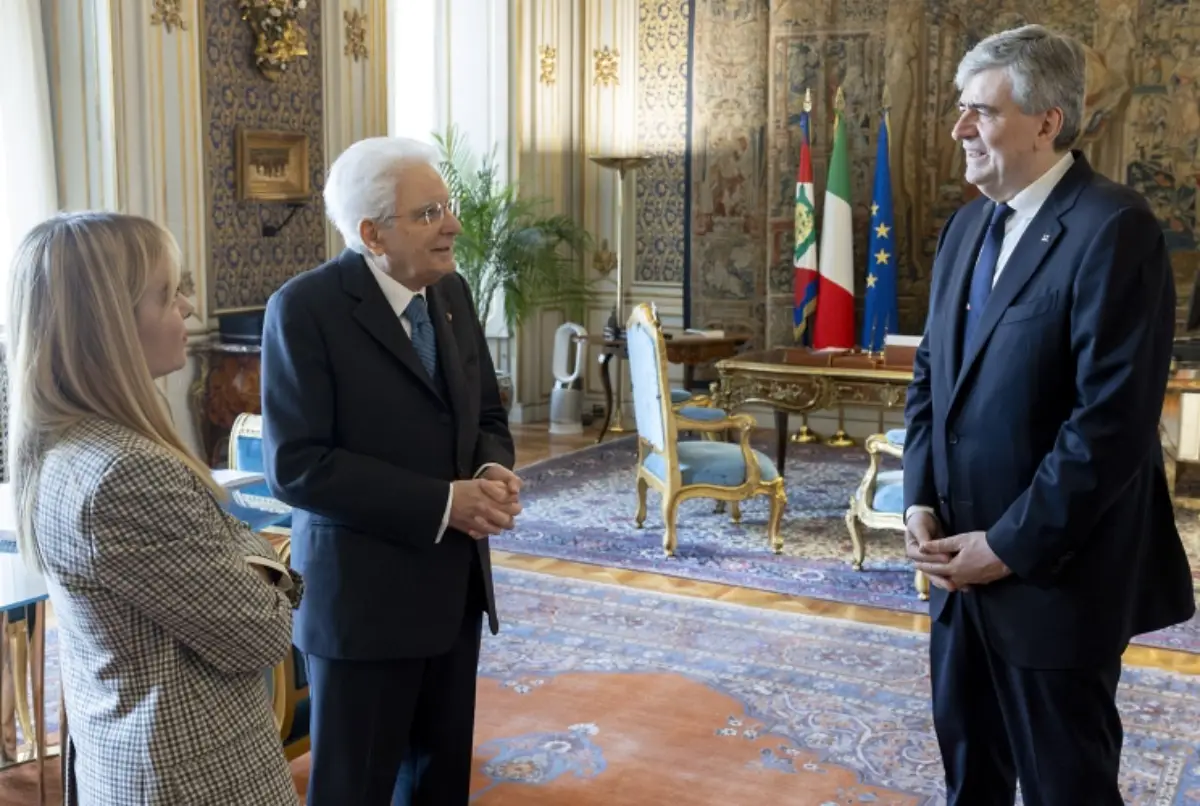 Italian President Sergio Mattarella and Prime Minister Giorgia Meloni after swearing-in of tourism minister Gianmarco Mazzi
