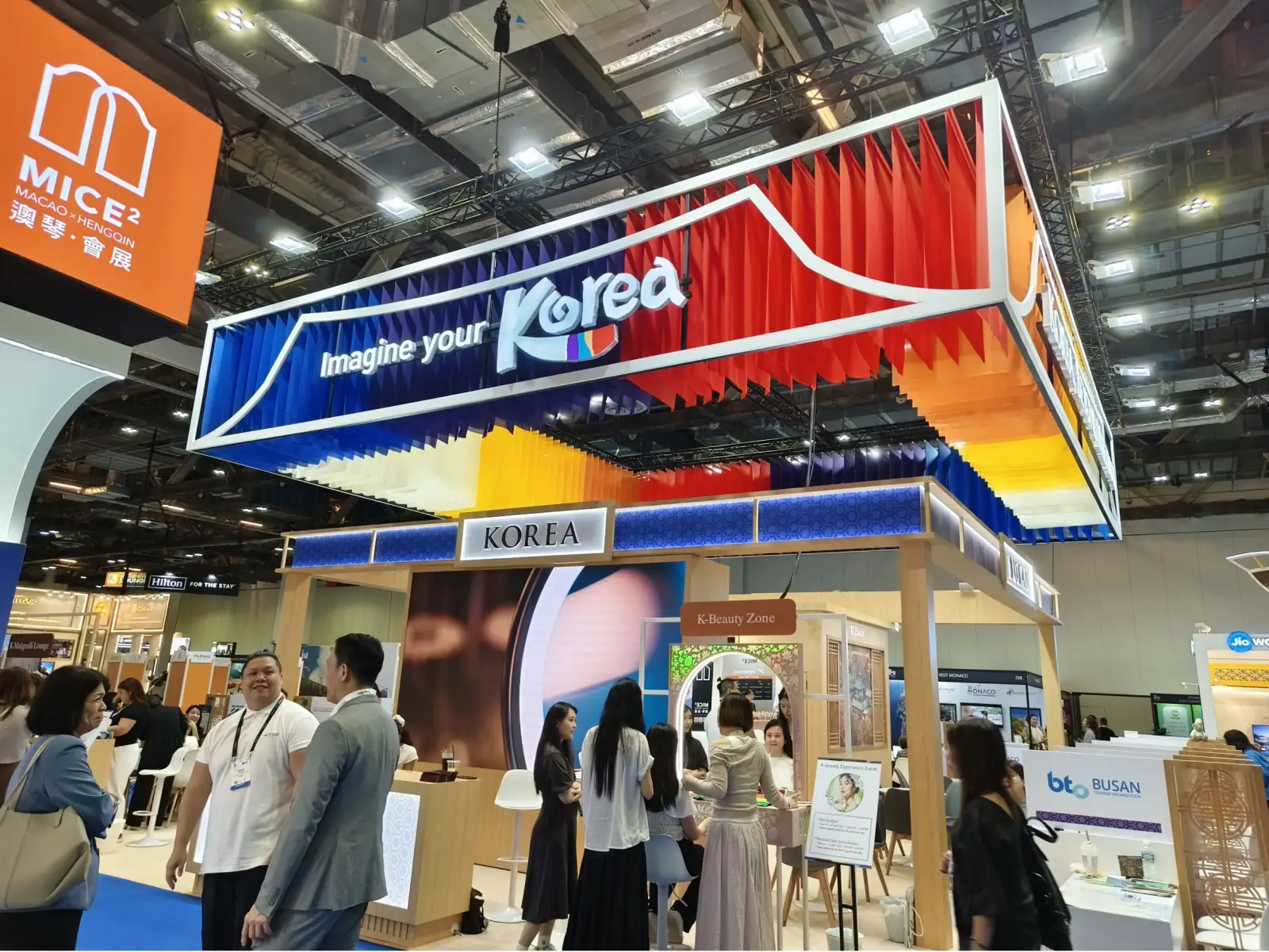 Korea tourism pavilion at The Meetings Show Asia Pacific 2026 in Singapore featuring colourful branding and MICE promotion stands.