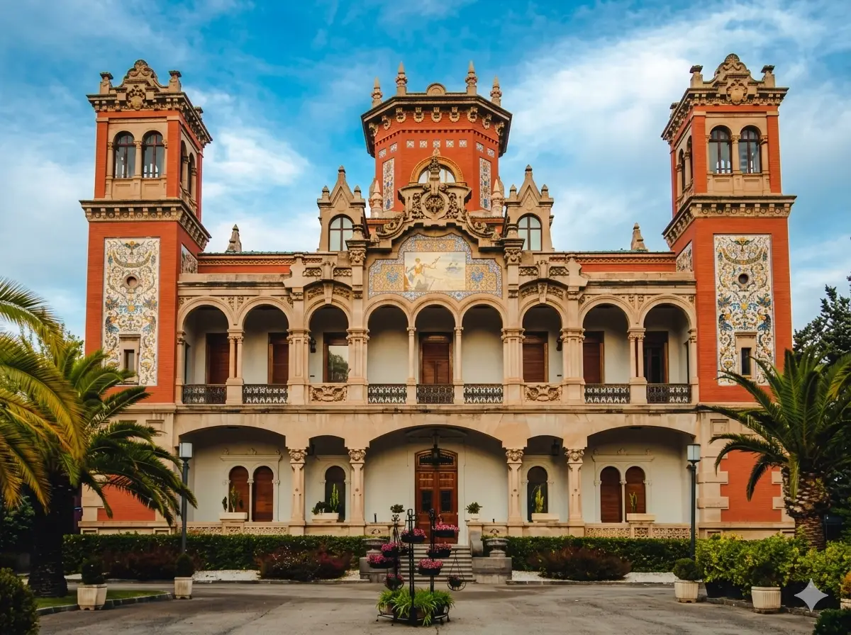 Larrinaga Palace, a grand, eclectic-style Spanish palace with terracotta red brick twin towers, ornate ceramic tile mosaics, and a wide arched arcade under a blue sky.