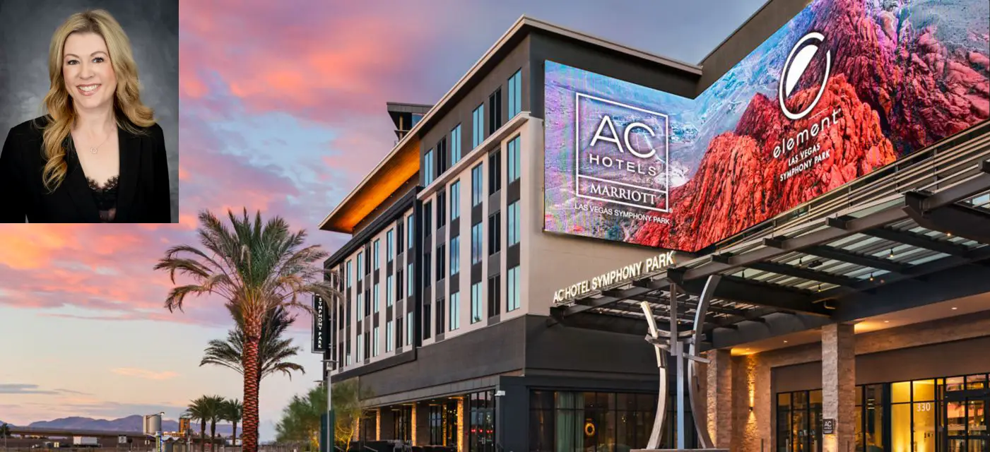 Laura Jaramillo portrait alongside AC Hotel and Element Symphony Park exterior in Las Vegas at sunset