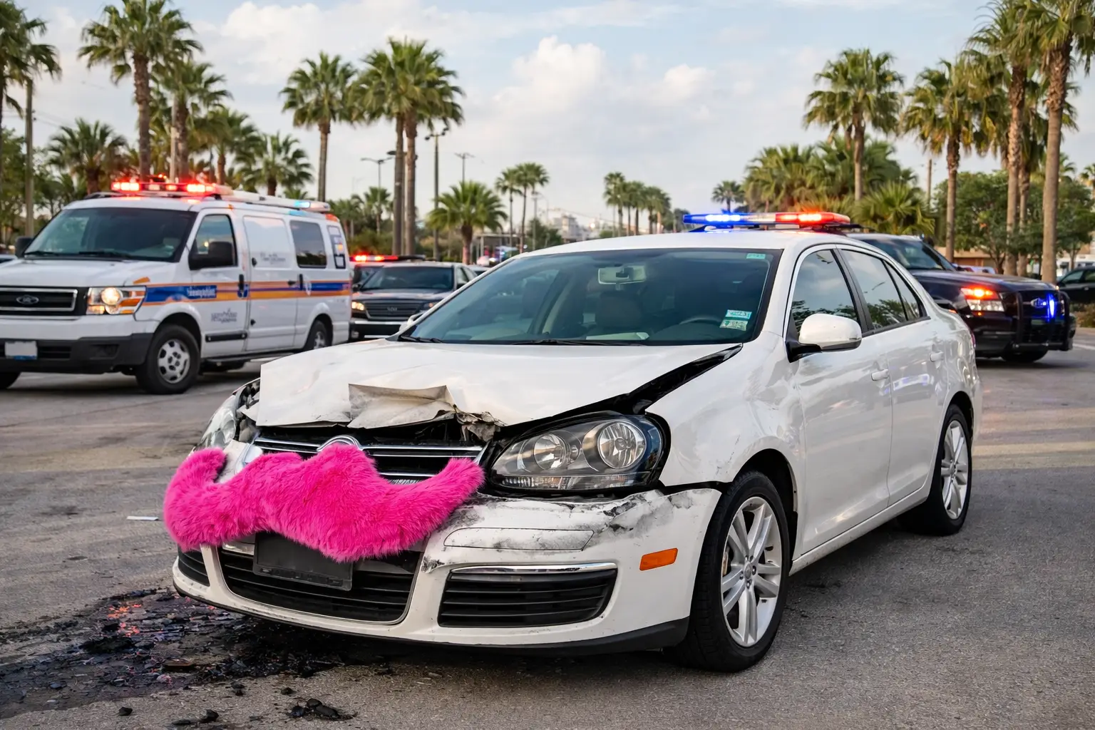 Damaged Lyft car with pink mustache after crash, emergency vehicles and police lights at accident scene in Houston