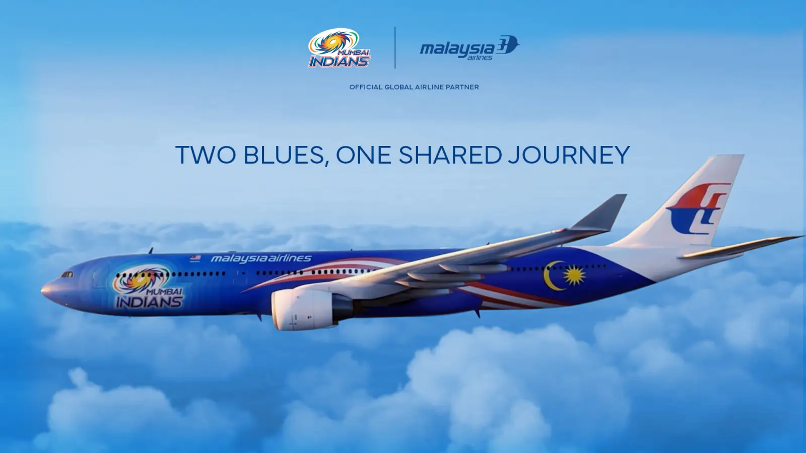 Malaysia Airlines A330-300 aircraft in Mumbai Indians cricket-themed livery flying above clouds, featuring blue and gold branding