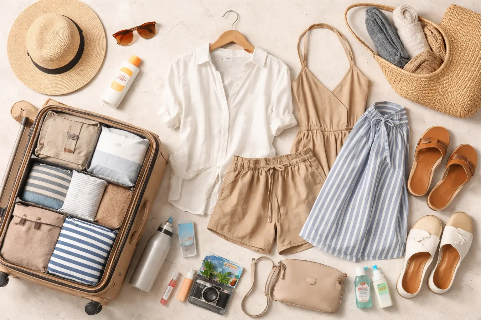 Flat lay of Mediterranean summer travel essentials including linen clothes, sandals, sunglasses, hat, sunscreen, and packed suitcase for a beach trip