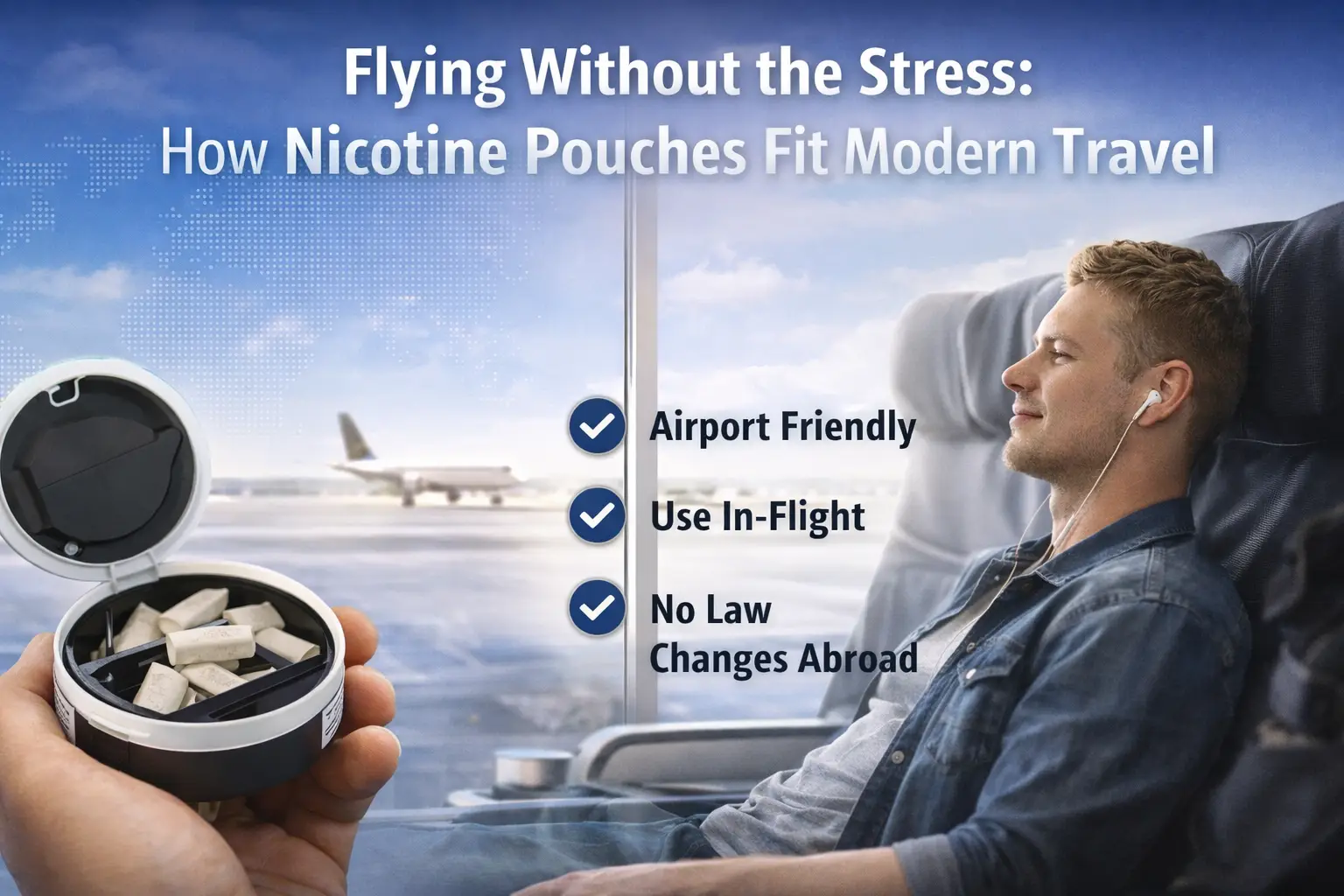 Relaxed airline passenger using nicotine pouches during flight with airport runway in background, illustrating a stress-free travel experience