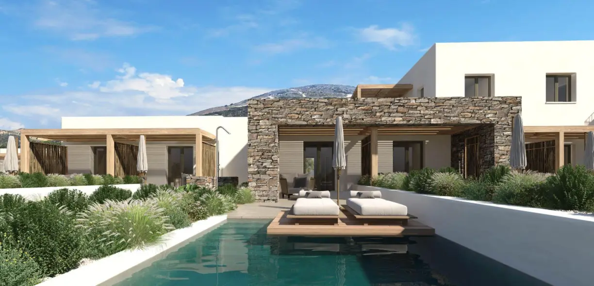 Modern Cycladic luxury hotel suite in Paros with private pool, stone facade and minimalist design