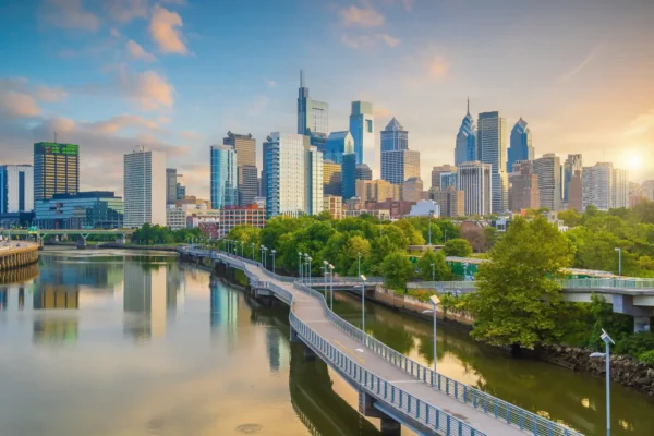 Philadelphia downtown skyline with Schuylkill River and waterfront trail