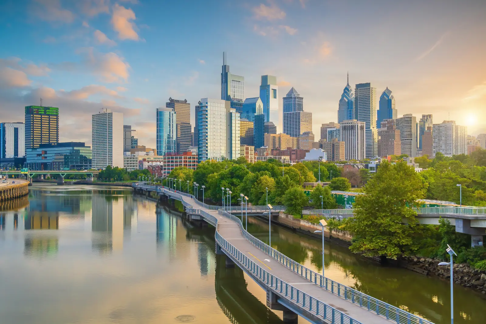 Philadelphia downtown skyline with Schuylkill River and waterfront trail