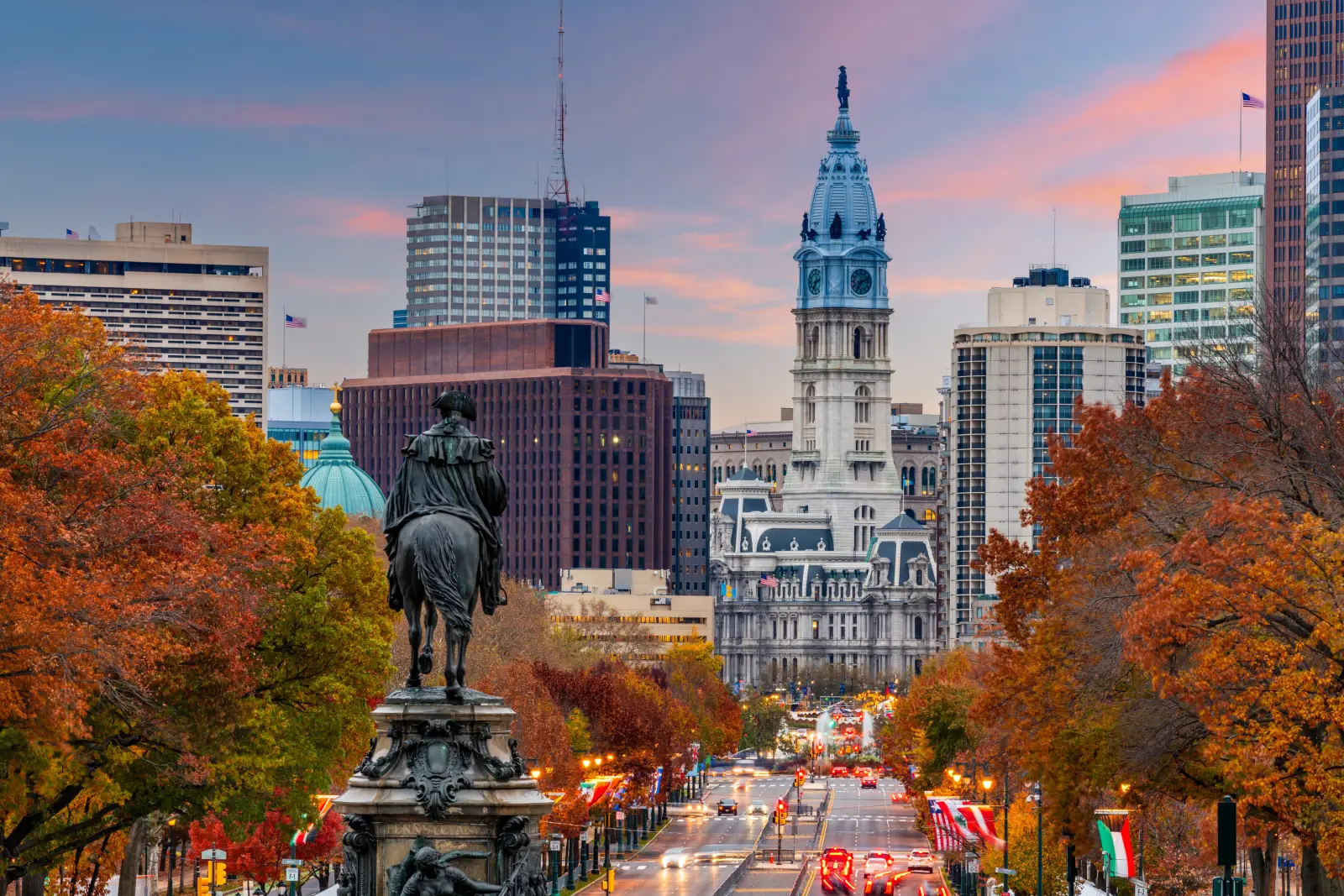 Philadelphia skyline in autumn with Benjamin Franklin Parkway and City Hall