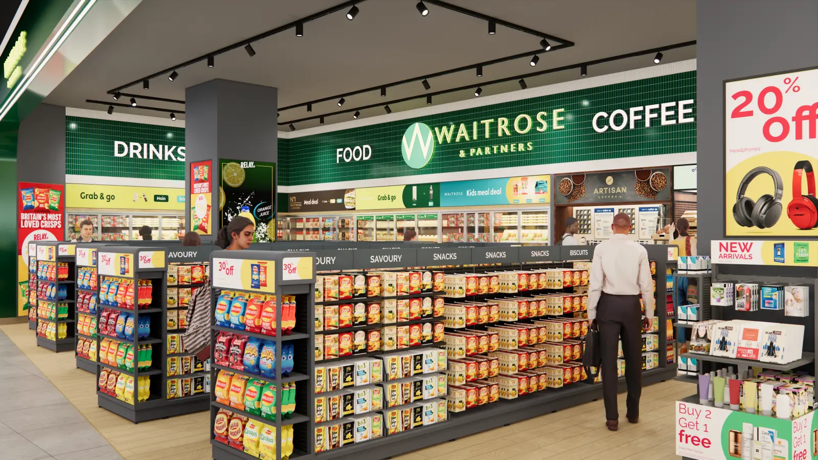 Interior render of the Waitrose food-to-go counter inside a RELAY store at Heathrow Terminal 2