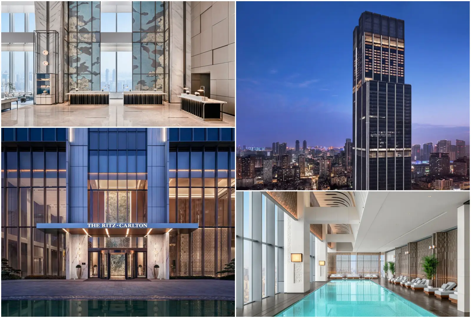 The Ritz-Carlton Wuhan interiors and exterior including lobby, tower skyline view, entrance facade and indoor swimming pool