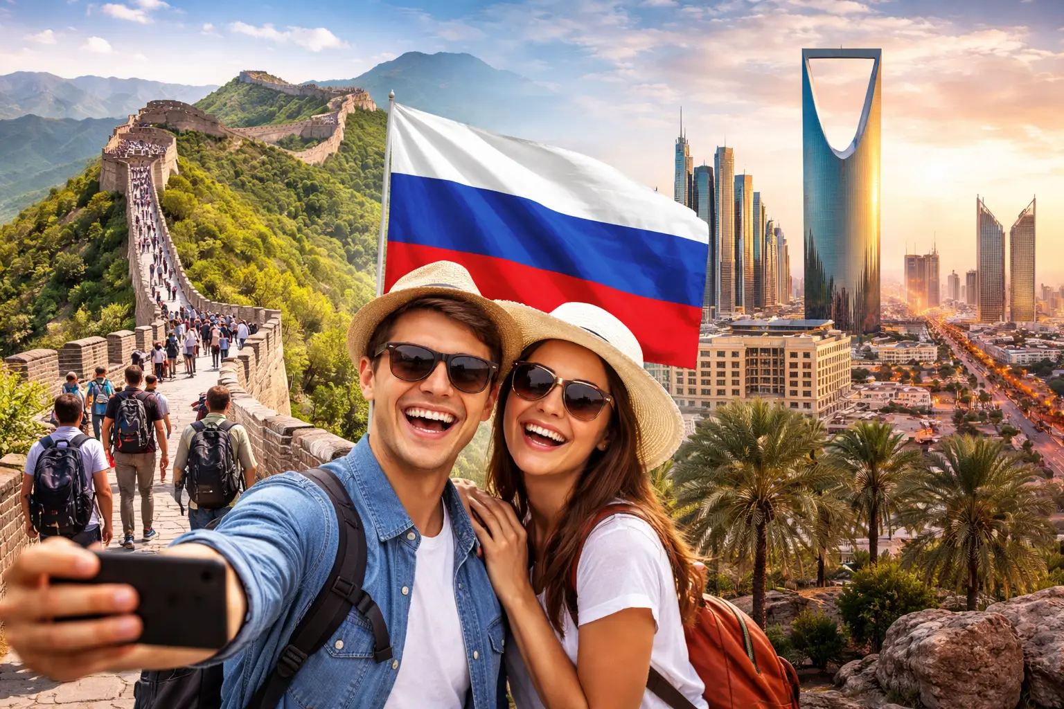 Russian tourists taking a selfie with the Great Wall of China and Riyadh skyline in the background, illustrating visa-free travel trends between China and Saudi Arabia