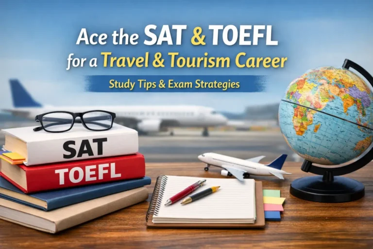 Other News 16 Student study setup with SAT and TOEFL books, notebook, and globe, with airplane in airport background symbolizing travel and tourism career preparation