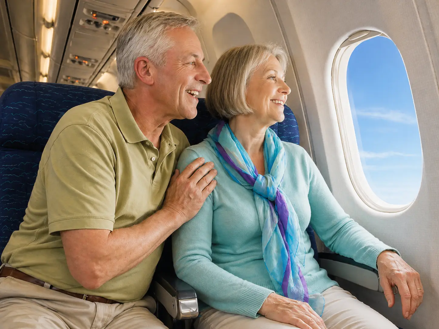 Cheerful senior couple seated together on an airplane, smiling and looking out the cabin window during a flight.