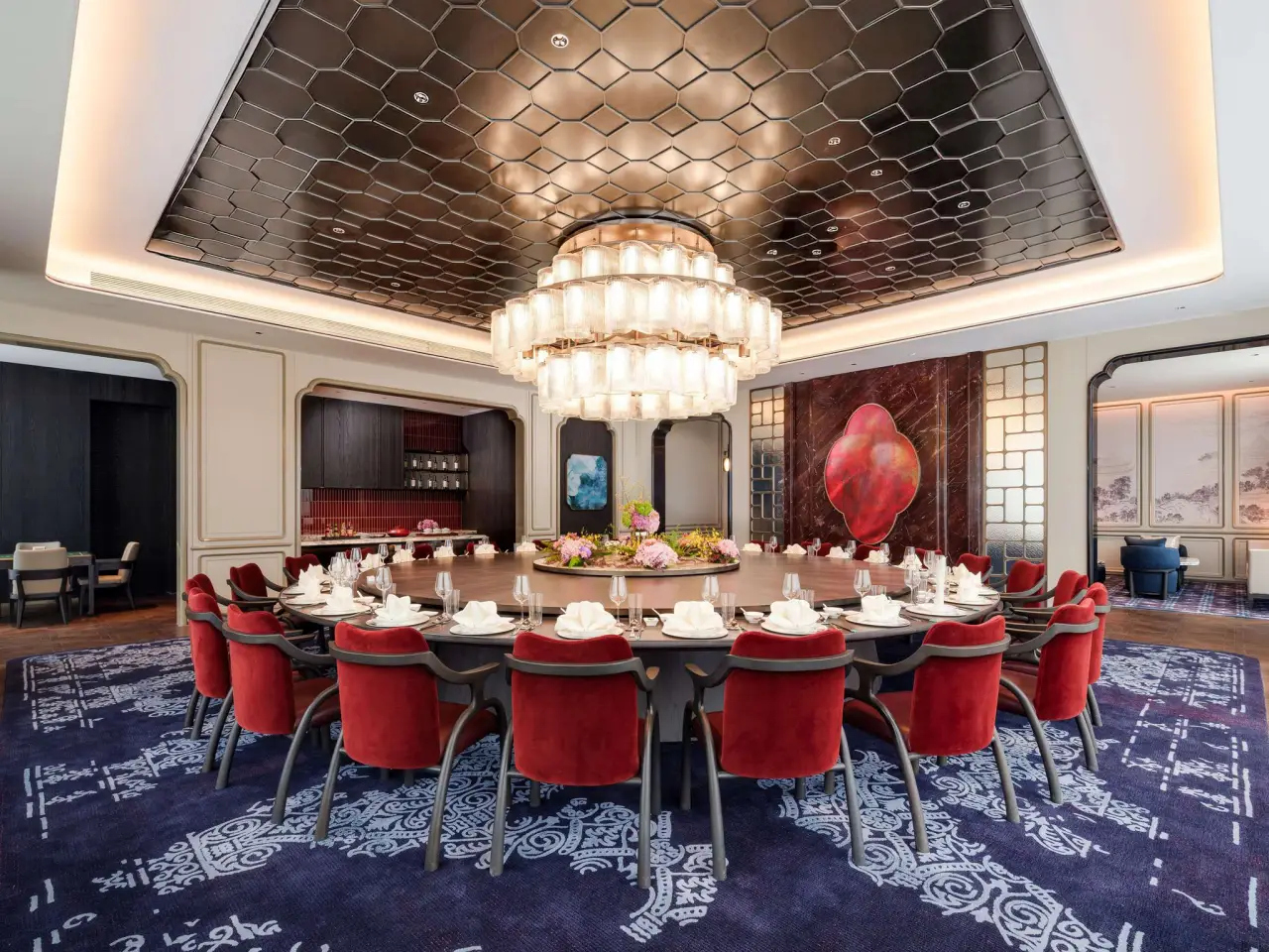 Accor Opens Its 800Th Hotel In China With Sofitel Changzhou Hi-Tech District 3 Luxury private dining room at Sofitel Changzhou with large round table, chandelier lighting, and elegant red velvet chairs